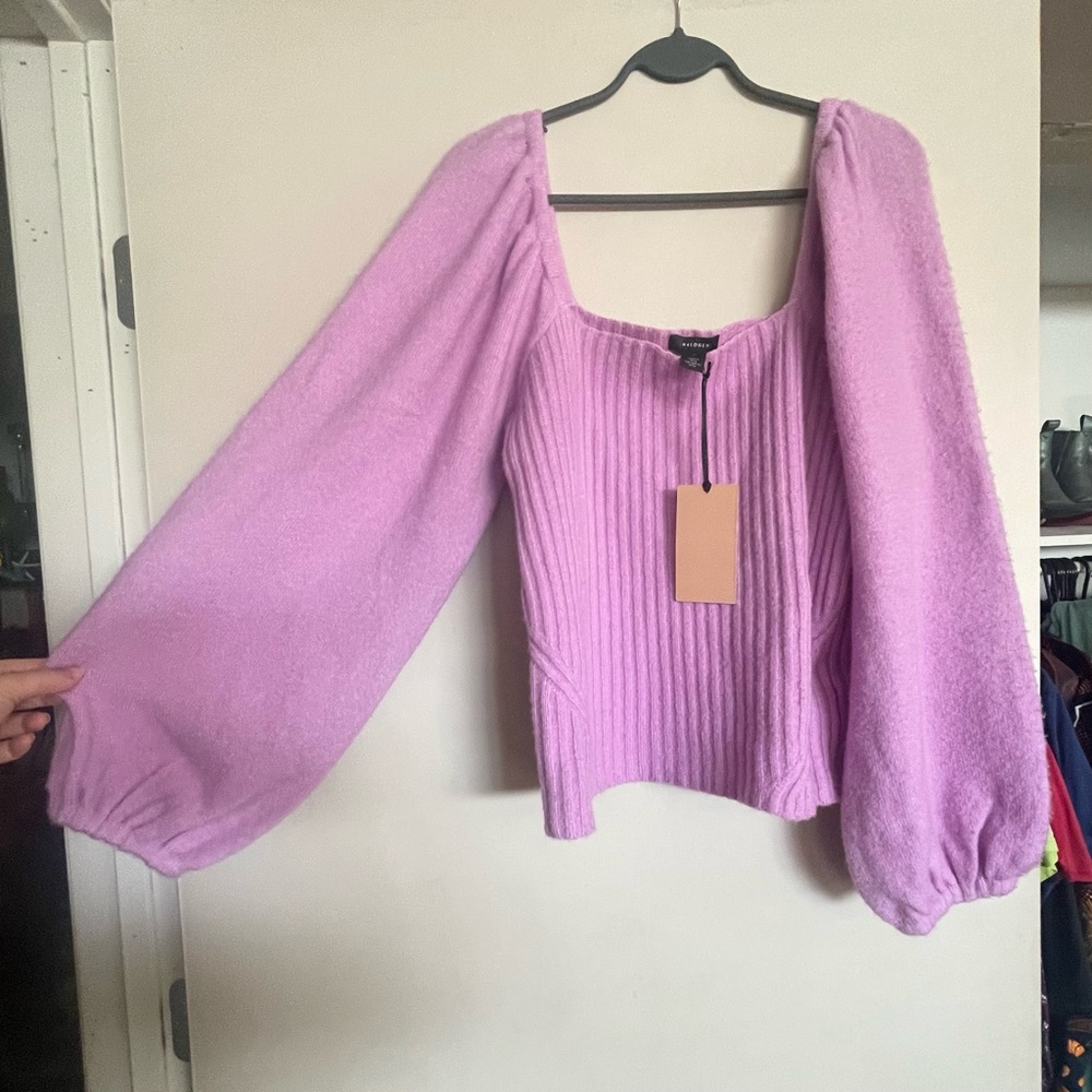 Halogen Lilac Puff-Sleeve Ribbed Sweater